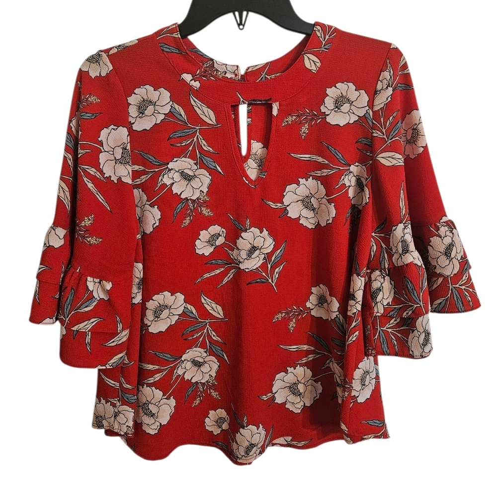Urban Romantics Red Floral Top 3/4 Bell Sleeve Keyhole Blouse Sz S